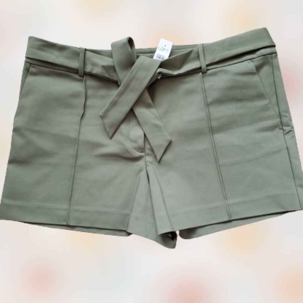 LOFT tie waist tailored mid rise shorts, 40", green - Picture 2 of 8